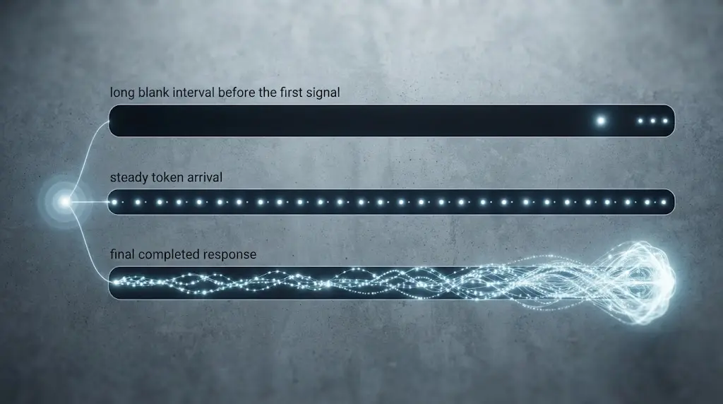 Illustration of TTFT, time between tokens, time to last token, and end-to-end completion as separate points on one timeline