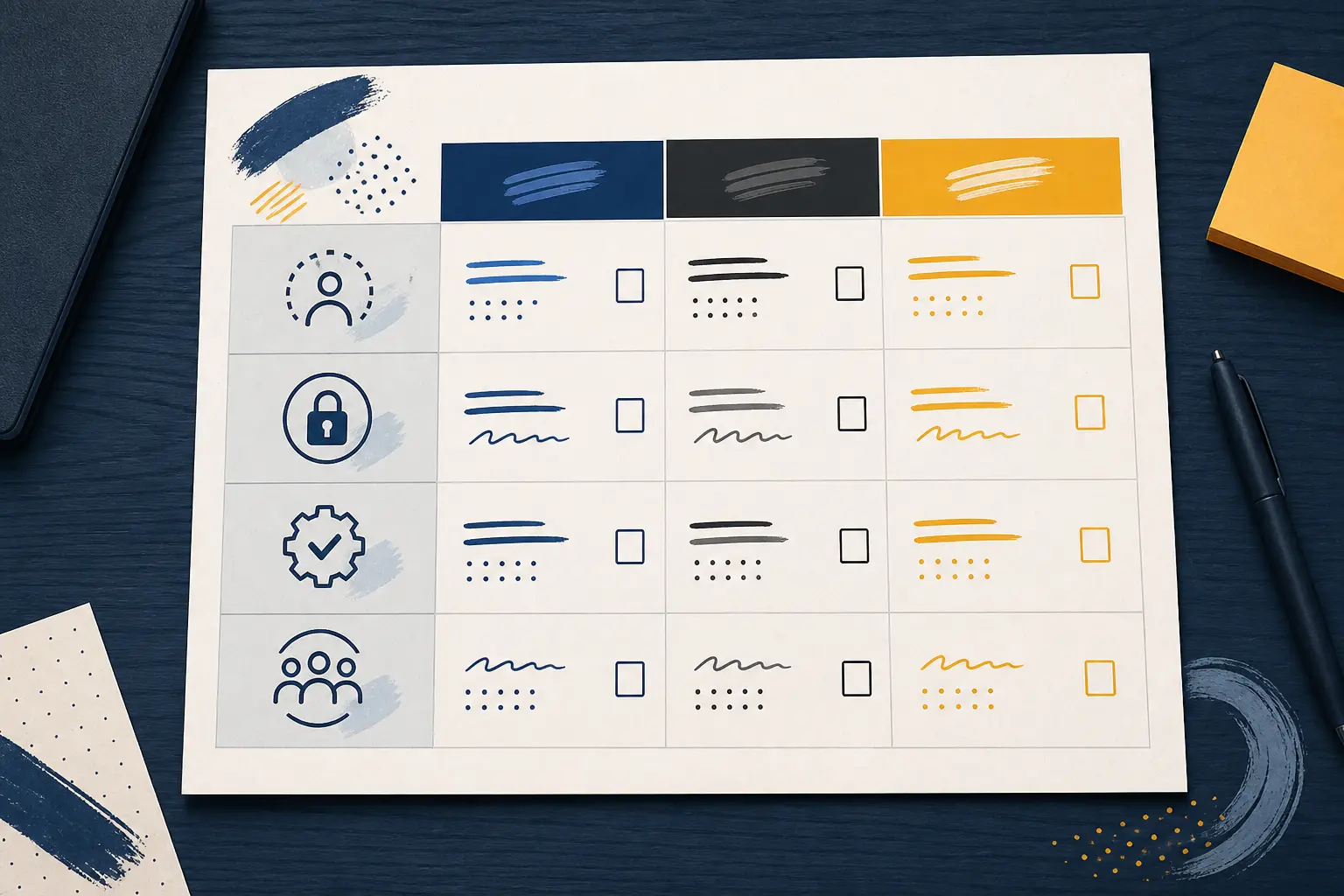 Illustration of an AI discovery sprint ownership worksheet comparing internal, external, and hybrid facilitation