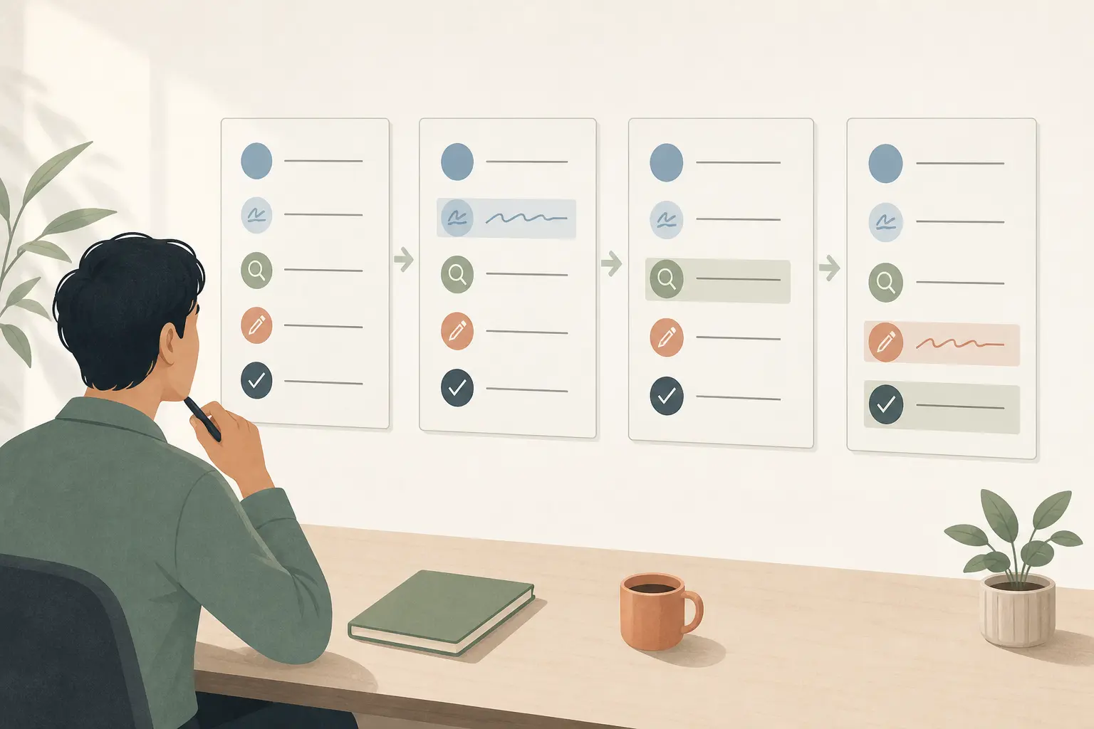 Illustration of a professional reviewing one weekly AI task through four logged cycles