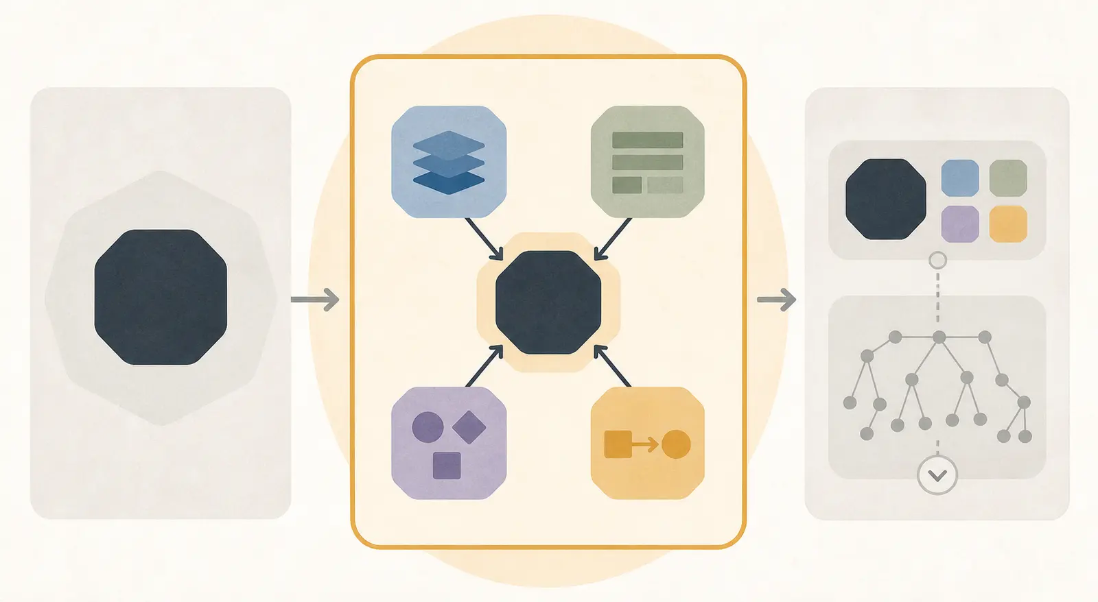 Illustration of an AI workflow review surface separating a final answer, decision summary, and expandable trace