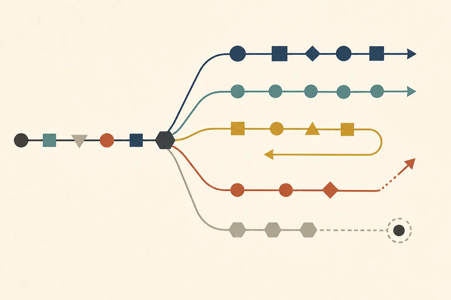 Illustration of a business process splitting into a stable path and an exception queue