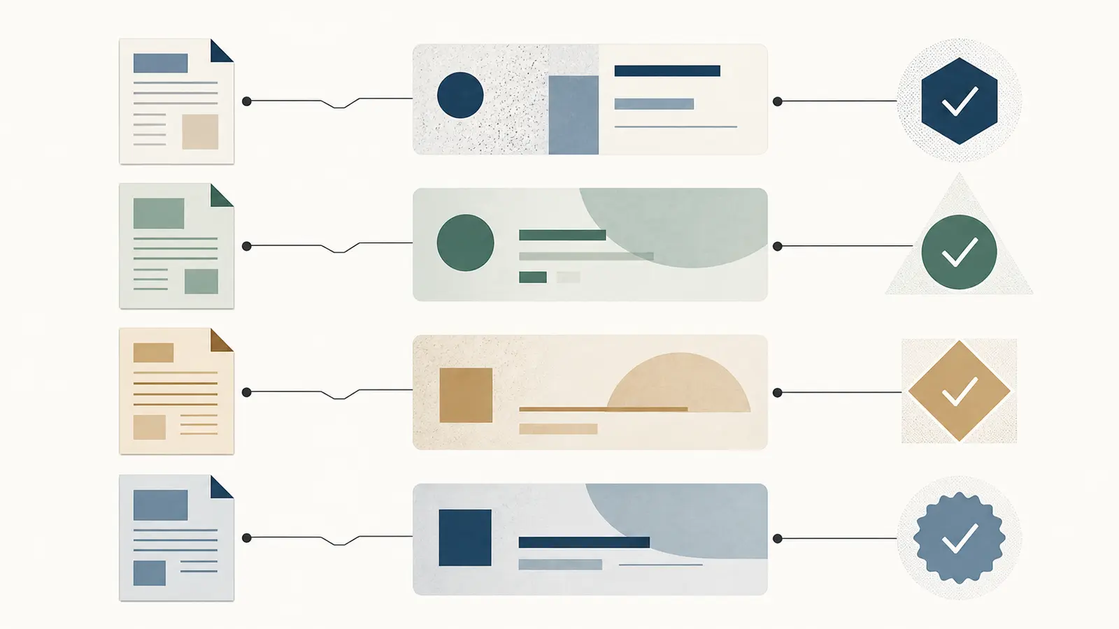 Illustration of an AI workflow output connected field by field to source evidence and review checks