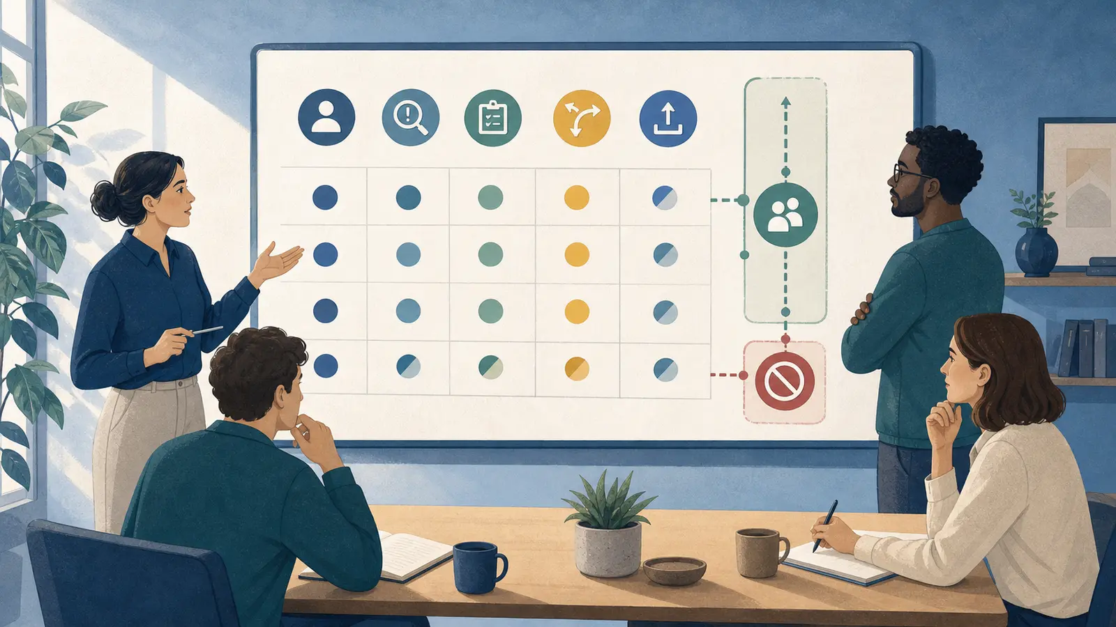 Illustration of a product team choosing the next AI workplace use from a capability-transfer decision matrix
