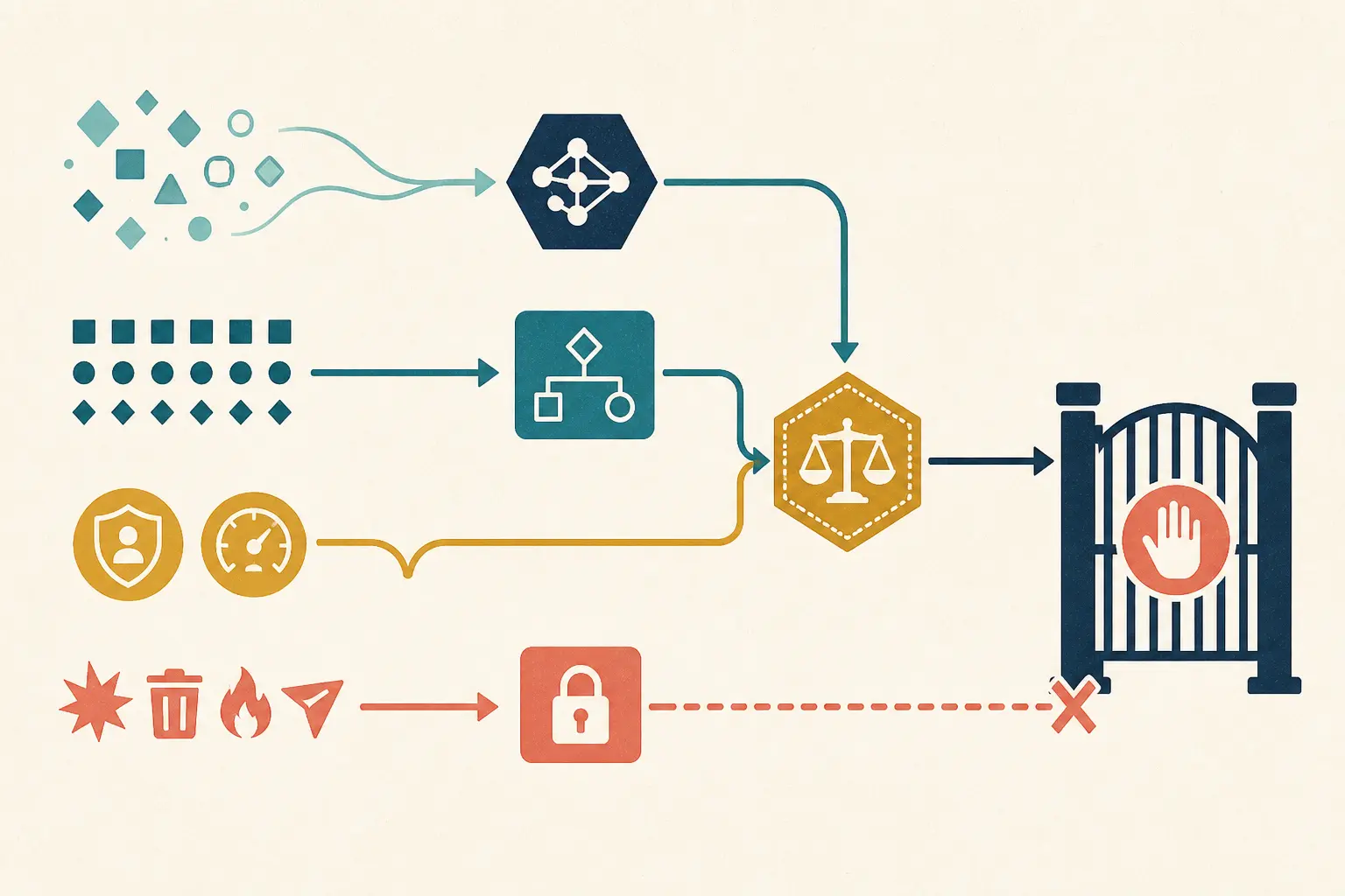 Illustration of the veto test routing AI behavior, invariants, and shared policies to their enforcement boundaries