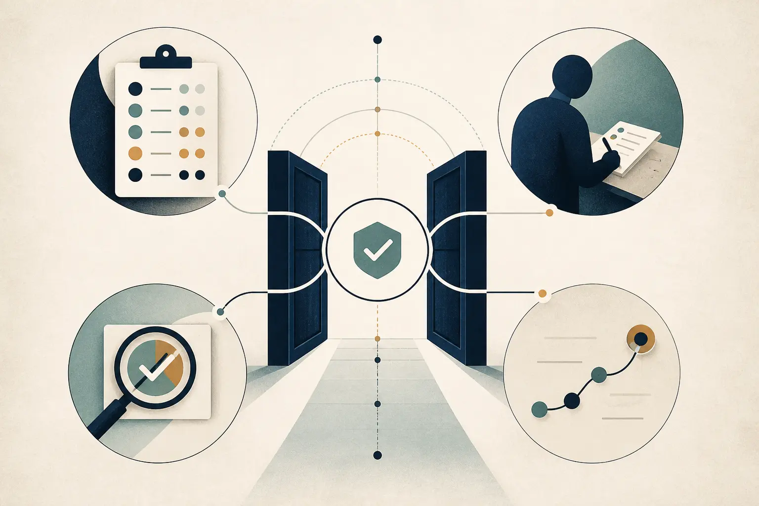 Illustration of an evidence gate connecting AI evaluation results with operator decisions