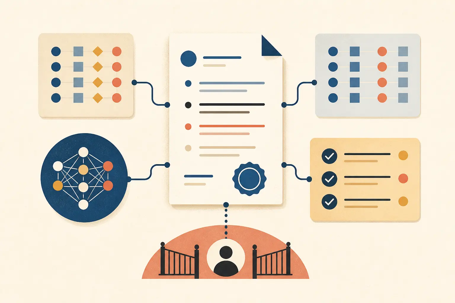Illustration of an AI workflow result envelope connecting typed output, acceptance checks, and a review gate
