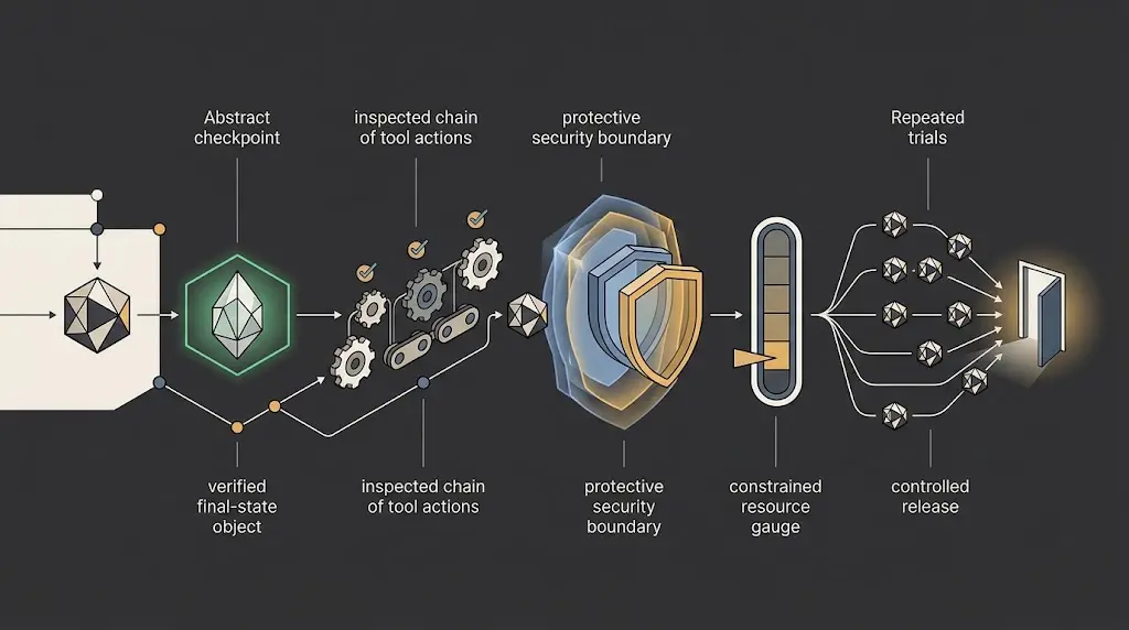 An AI agent path passing through five inspection gates before reaching a controlled release