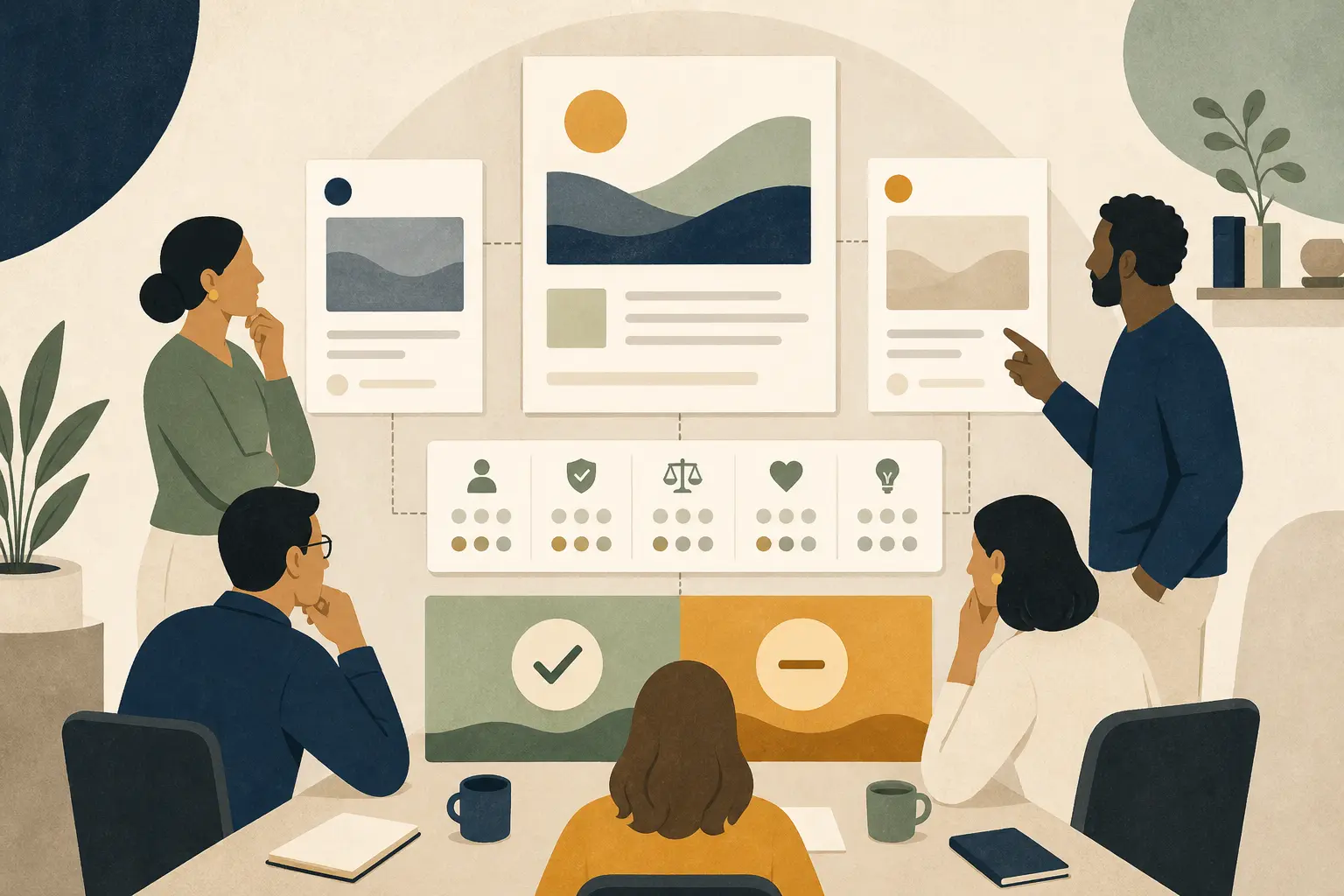Illustration of a non-technical AI evaluation workshop turning two outputs into a recorded release decision
