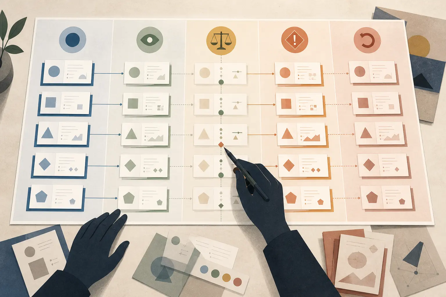 Illustration of a reviewer comparing paired AI workflow outputs in a case-level change matrix