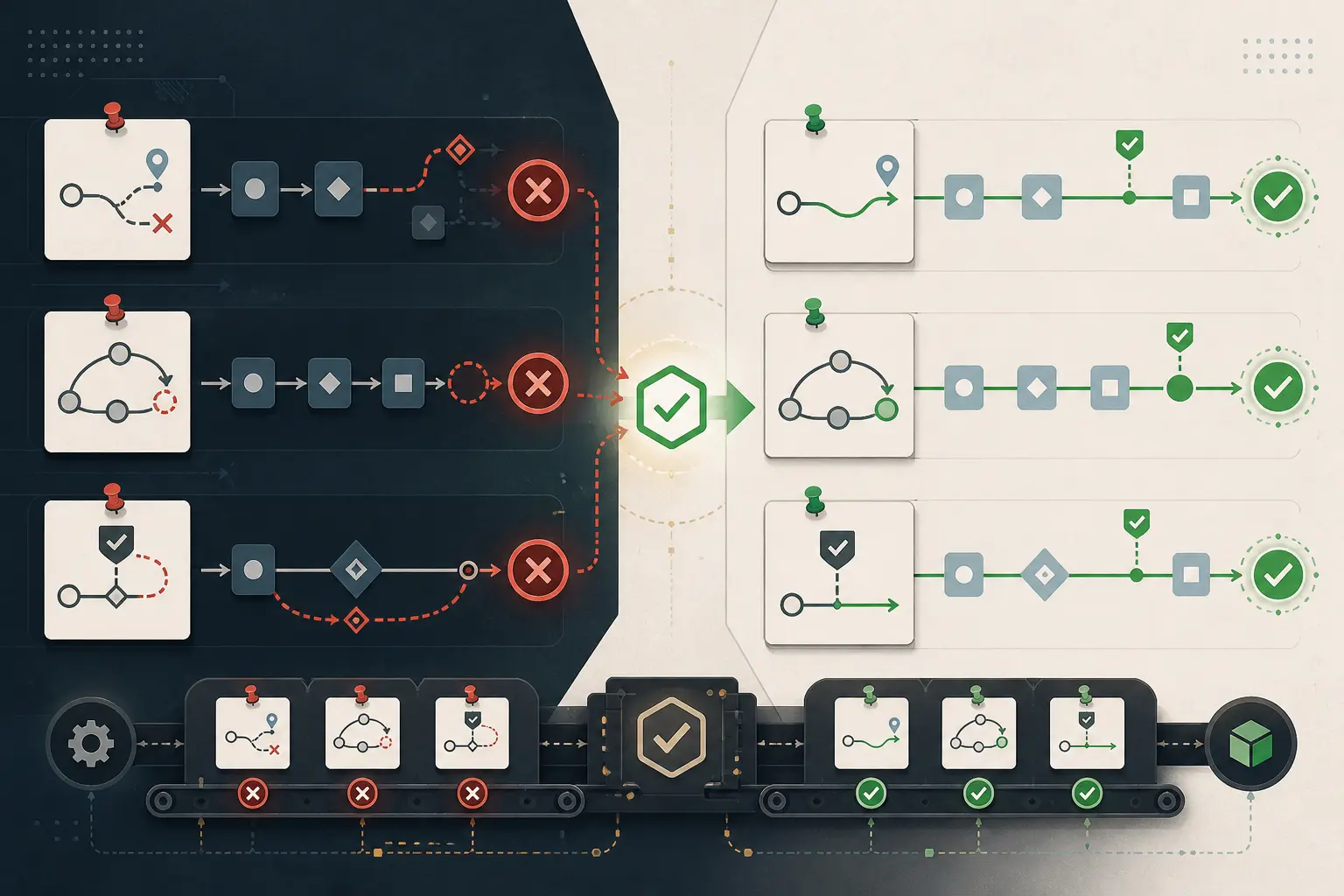 Illustration of a CI run comparing pinned workflow versions with per-case pass and fail results
