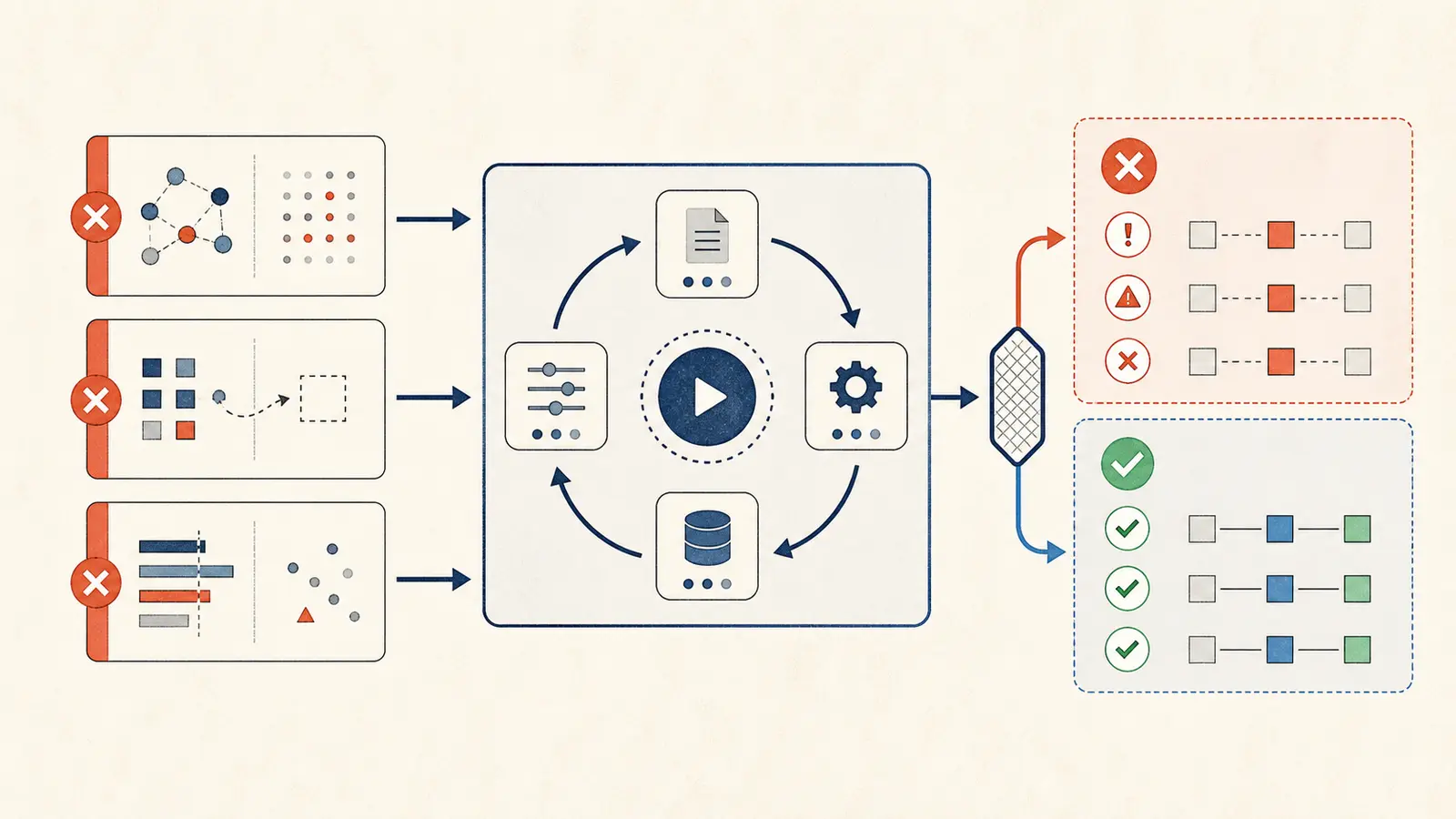 Illustration of a versioned counterexample library connected to an AI workflow review and CI gate