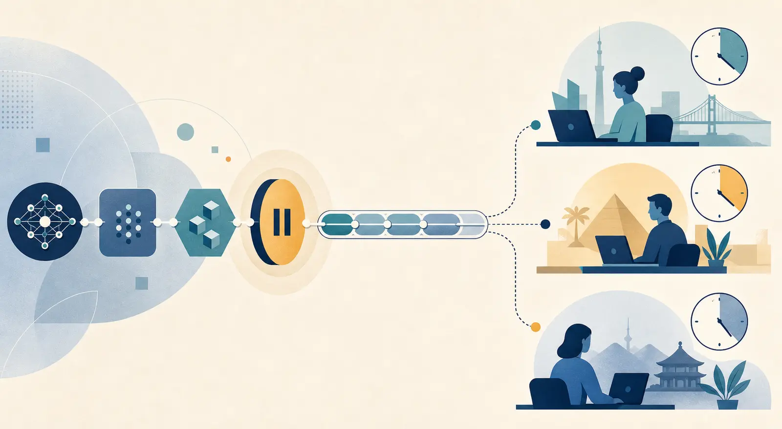 Illustration of an AI workflow pausing for review and routing work across time zones