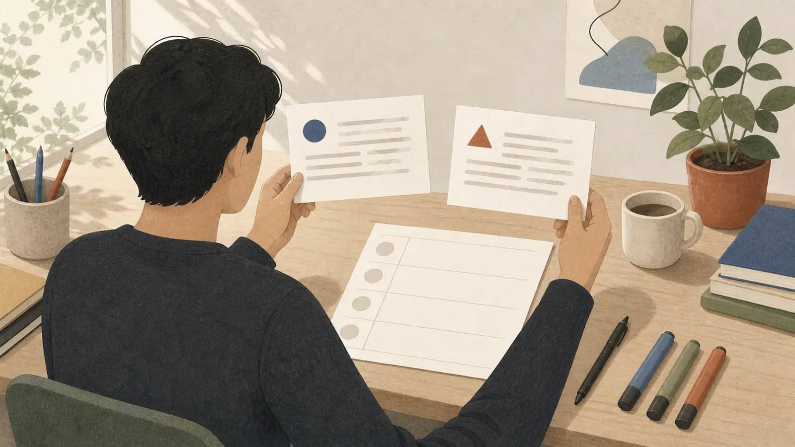 Illustration of a learner comparing two anonymized AI outputs against a work-task rubric