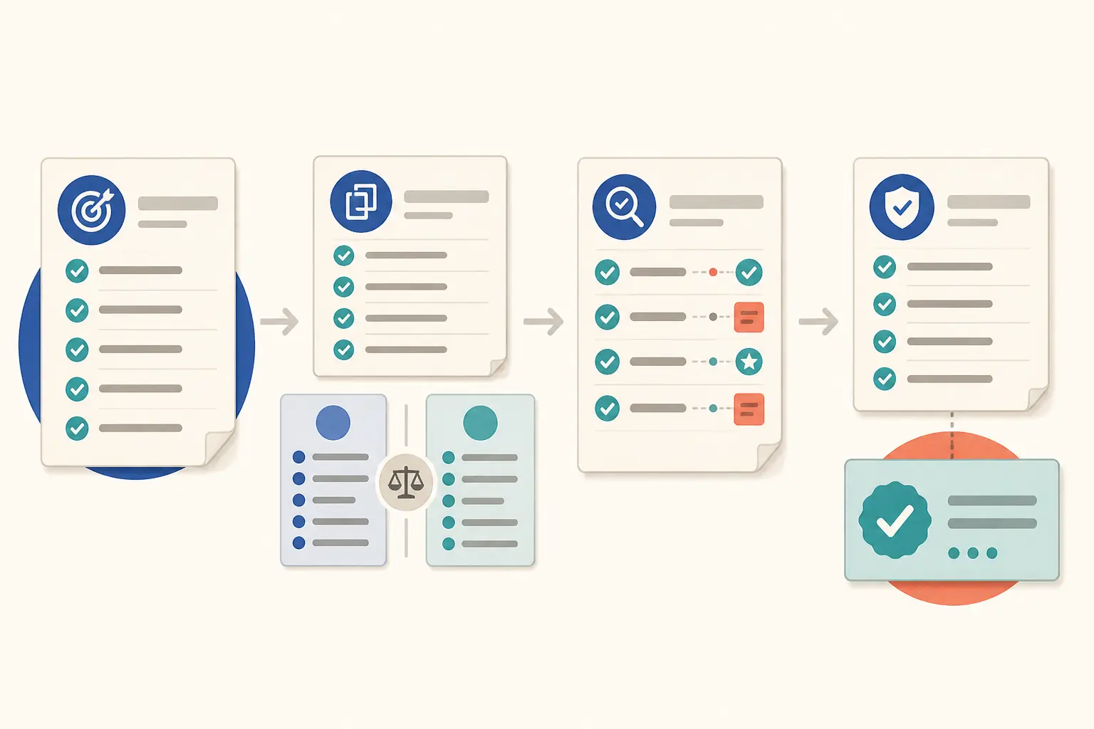 Illustration of a blind AI output comparison moving from task definition to rubric scoring and release recommendation