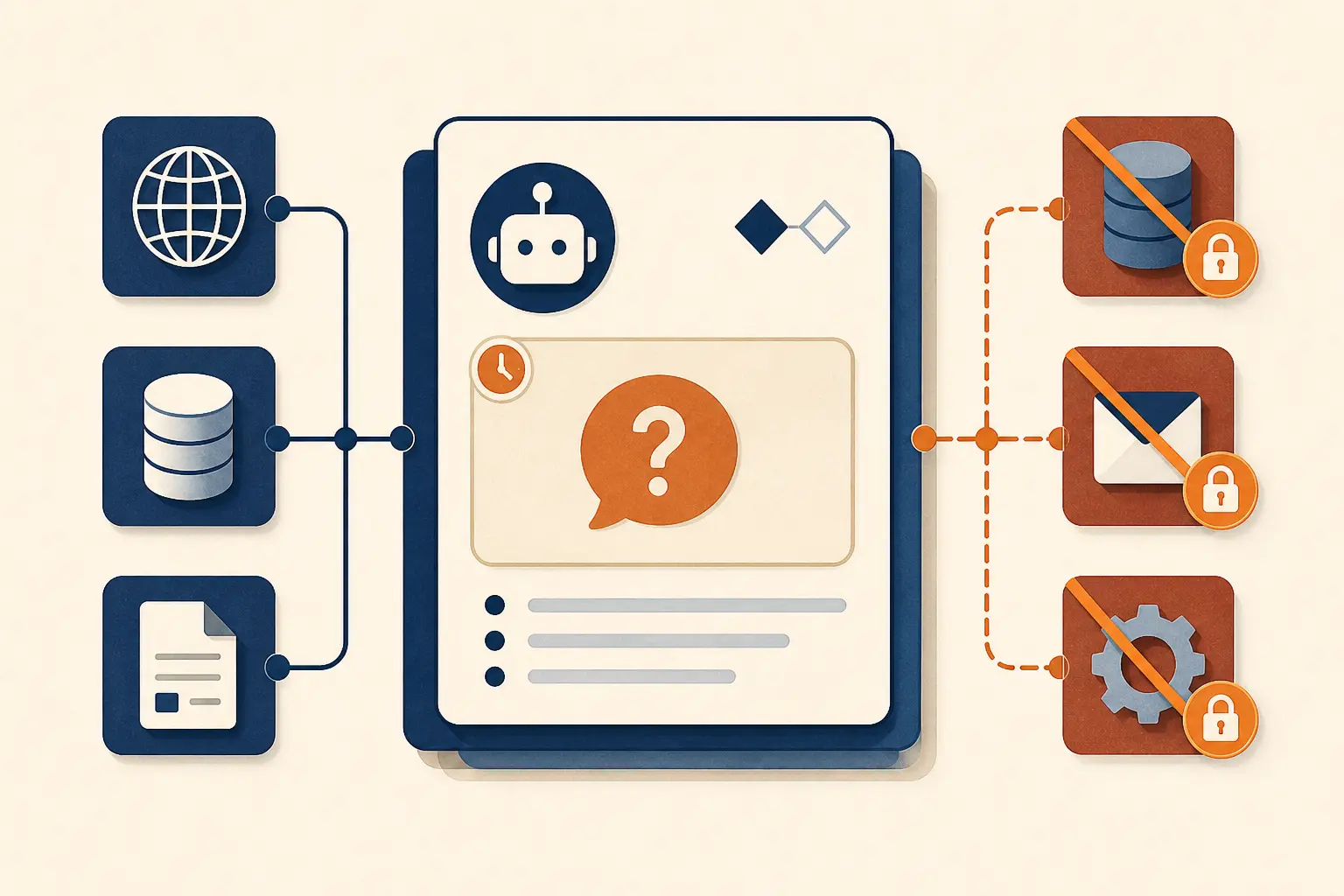 Illustration of an AI agent task record holding a pending question, task version, allowed tools, and blocked side effects