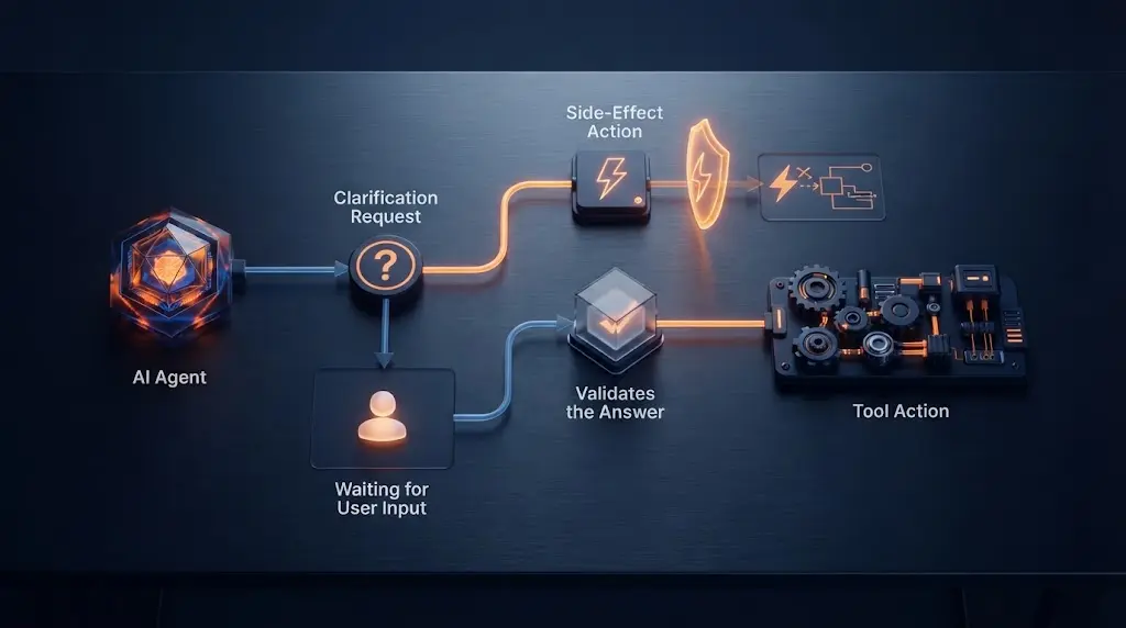Illustration of a runtime loop that blocks tool execution until an AI agent receives and validates clarification