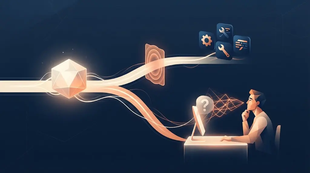 Illustration of an AI agent pausing to ask one targeted question before taking an action