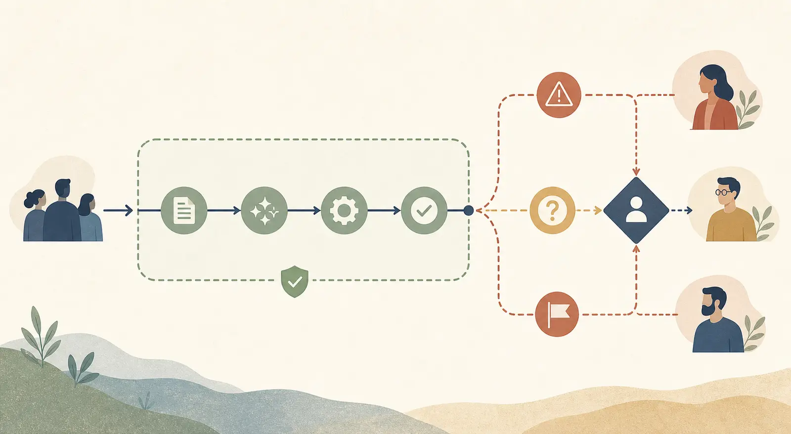 Illustration of a small company mapping normal workflow inputs and exception routes before AI automation