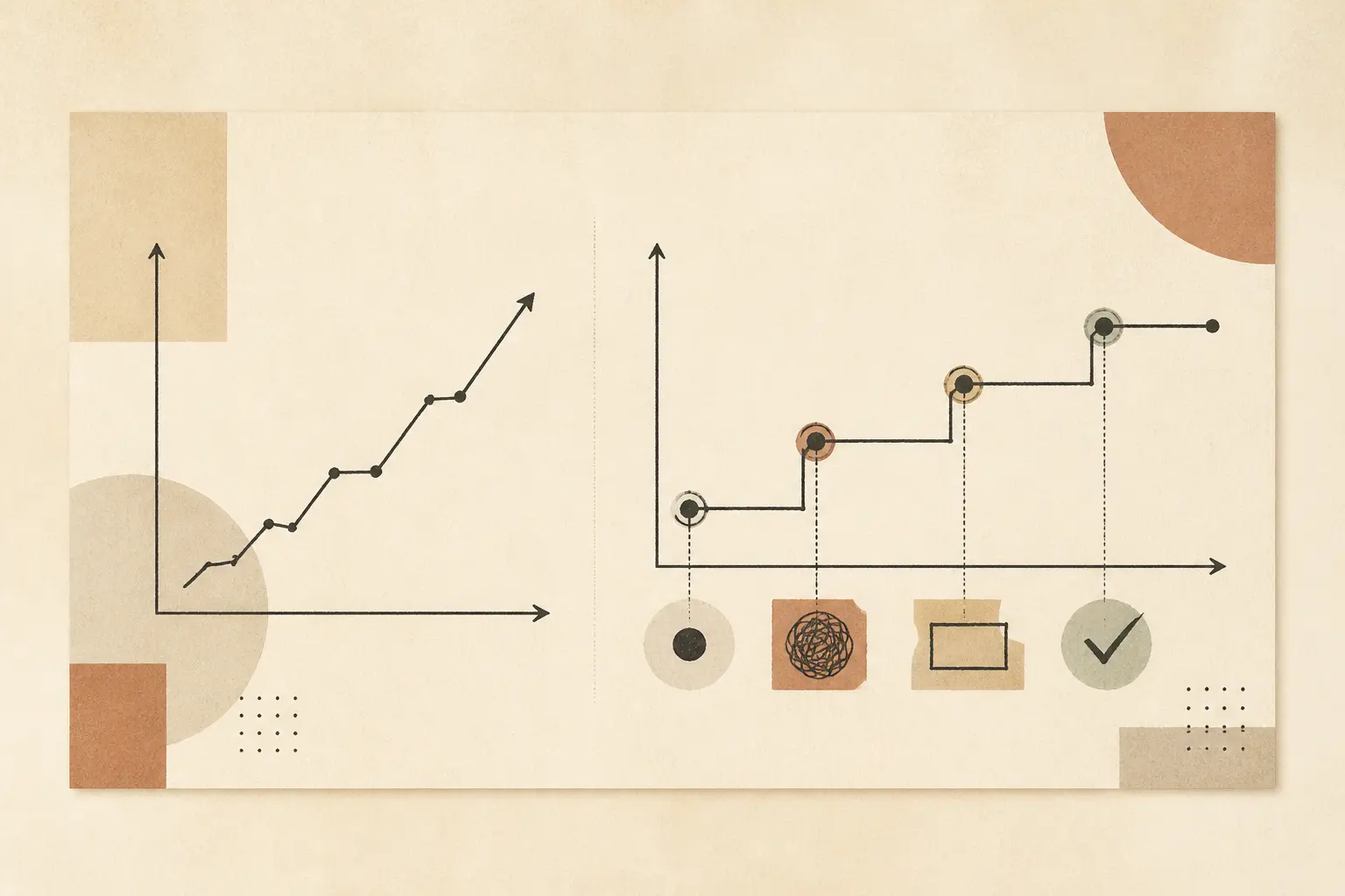 Illustration of an AI evaluation table where a rising score sits beside a slower correction timeline