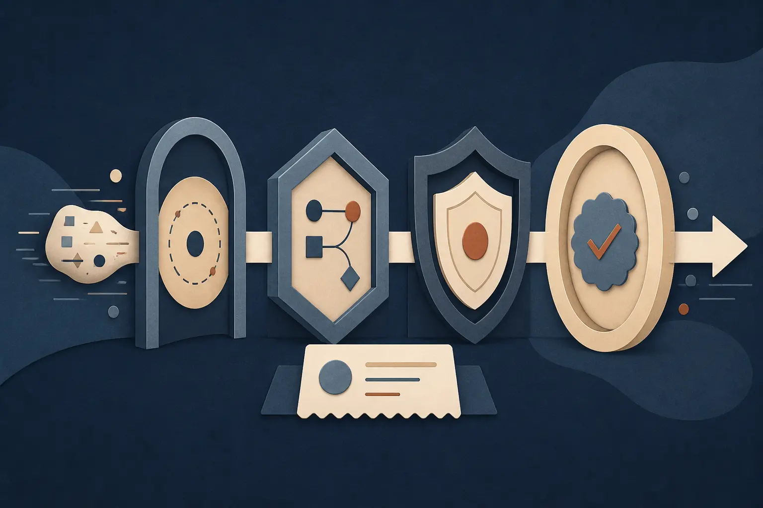 Illustration of an AI-generated pull request passing through scope, test, security, and human review gates
