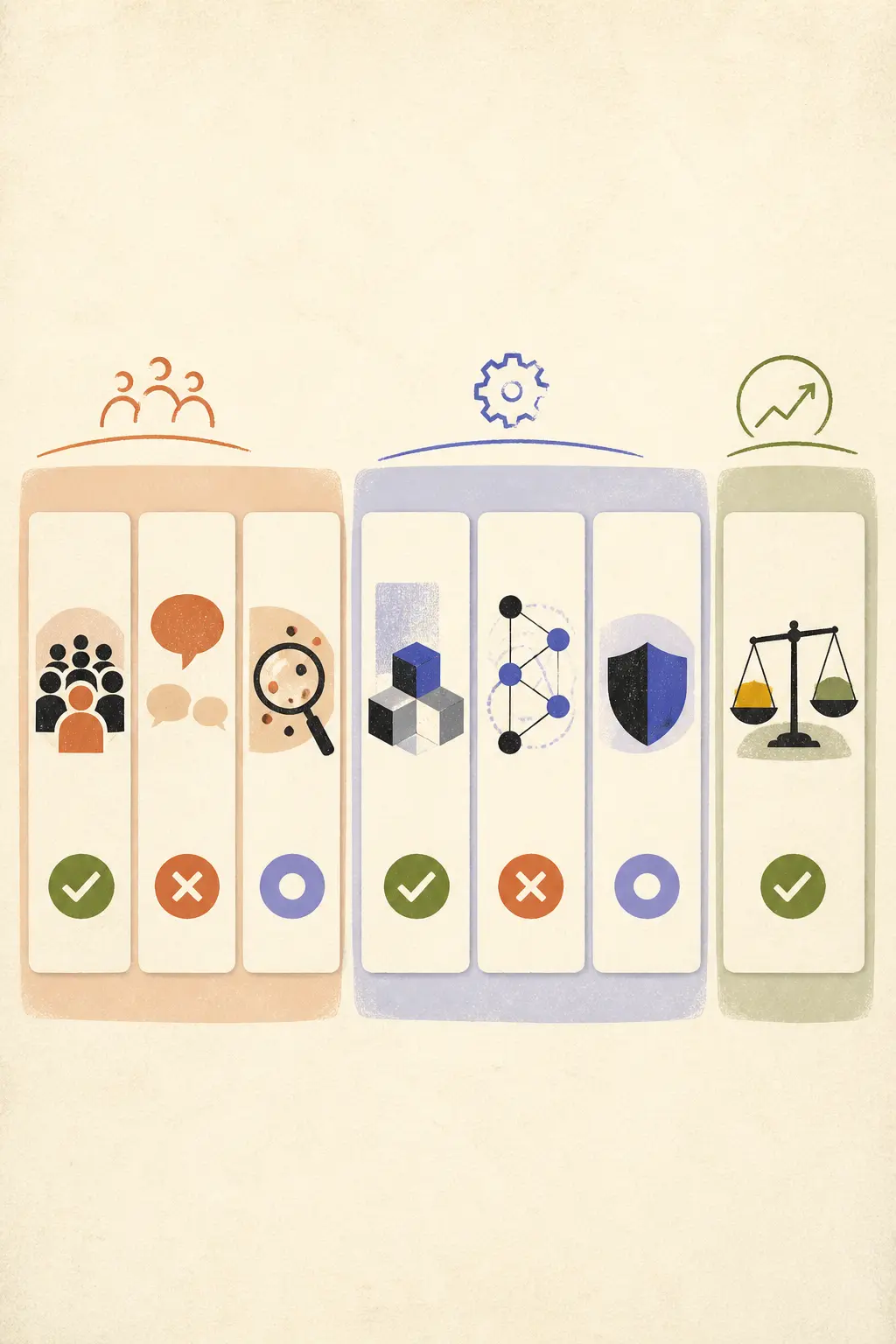 Illustration of a seven-gate decision grid separating demand, payment, workaround, data, quality, economics, and product fit