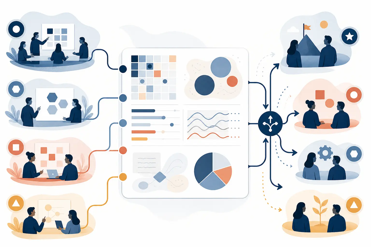 Illustration of a cross-team portfolio reporting review connecting metrics, context, dependencies, and decisions