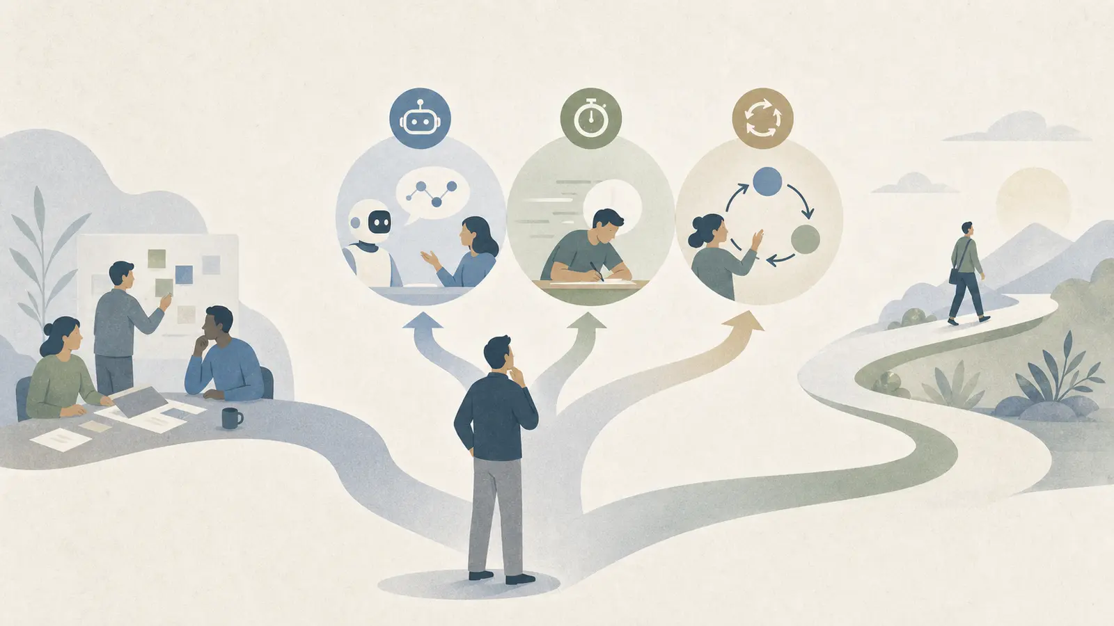 Illustration of a buyer choosing between one-off AI instruction and an ongoing capability program