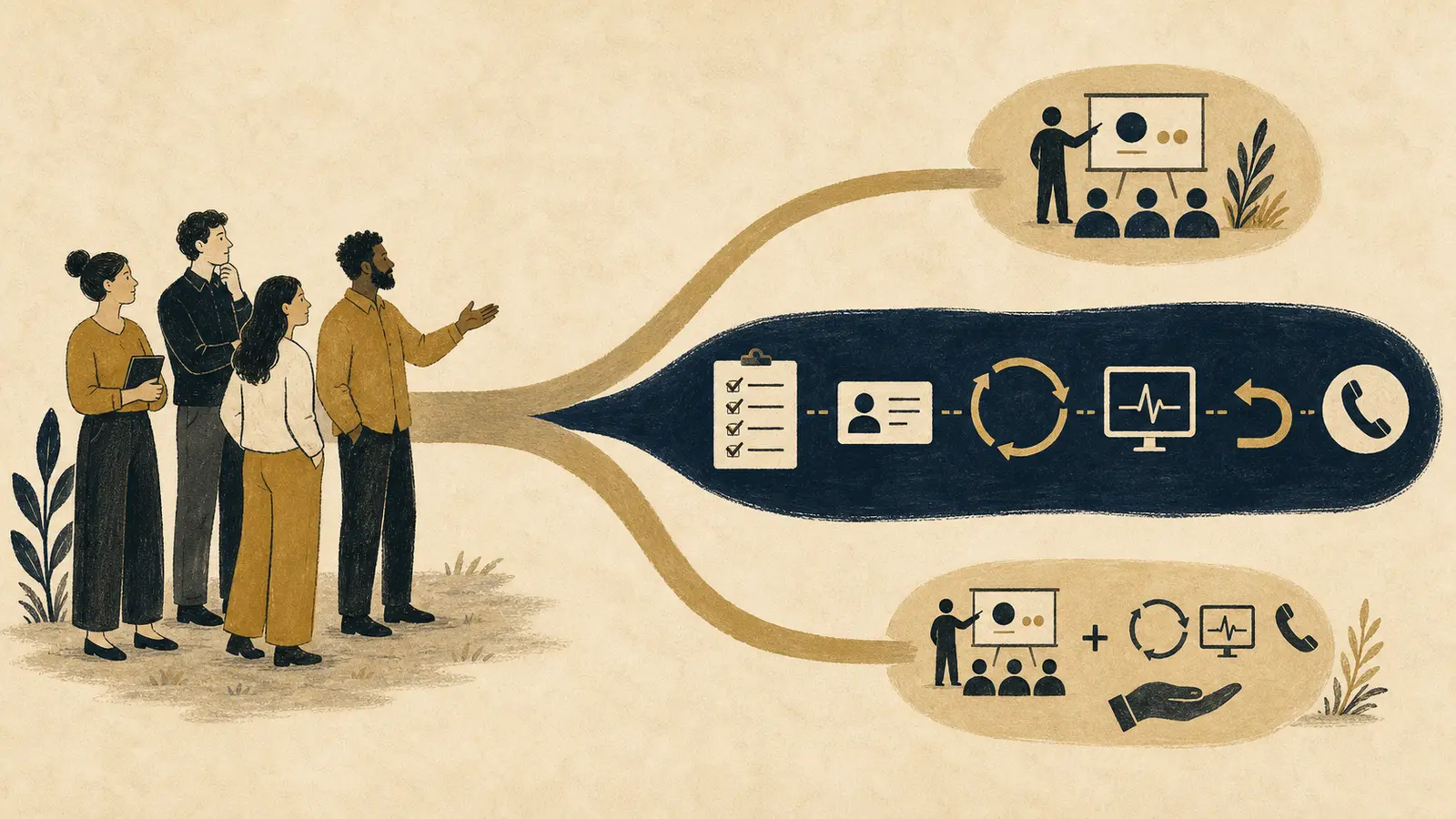 Illustration of an internal team choosing between AI training and an operating system handoff