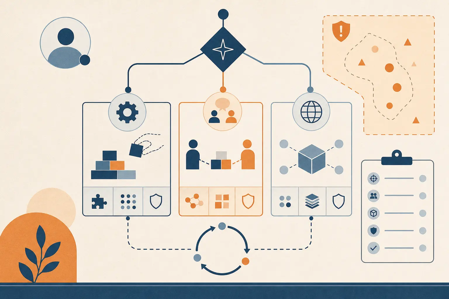 Illustration of a decision worksheet routing an AI workflow toward internal build, tutoring-led co-build, or external implementation