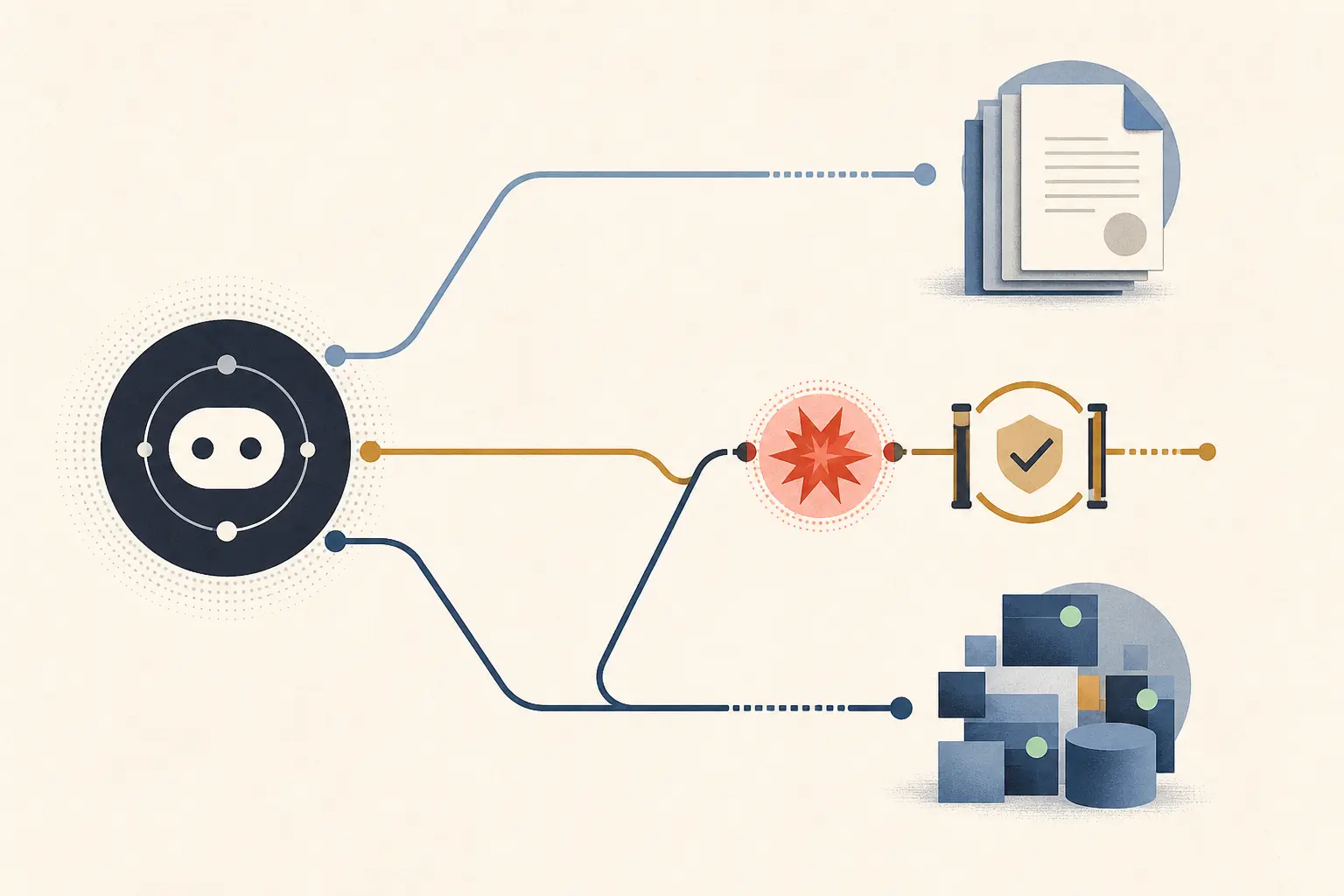 Illustration of an internal AI assistant choosing between approved retrieval, live tools, or a combined evidence path