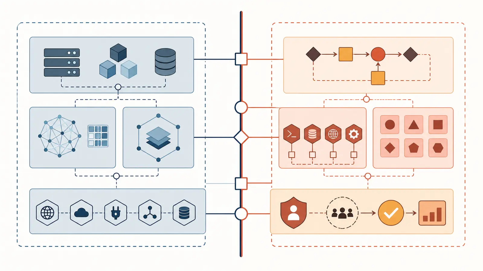 A business workflow splits into buy, build, and hybrid paths at a decision boundary
