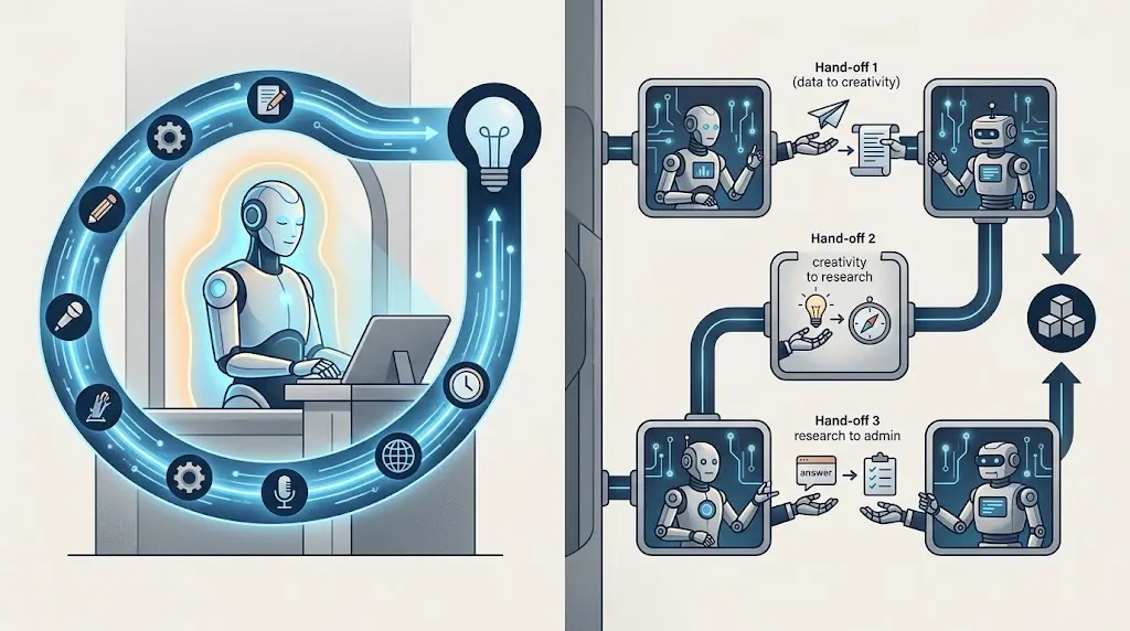 A single AI agent with shared context beside a bounded multi-agent system with separate tools and a controlled handoff
