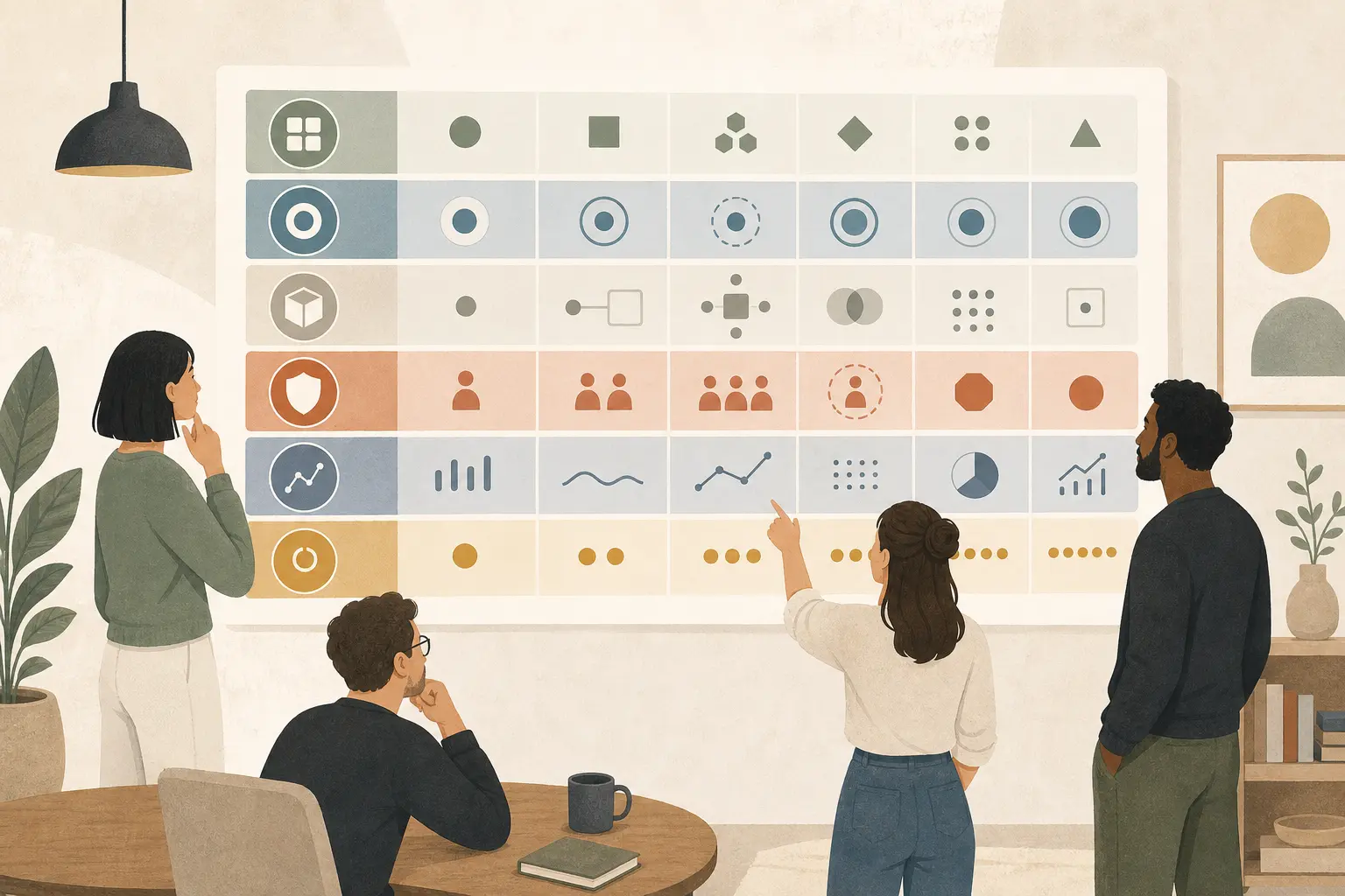 Illustration of a team explaining six AI architecture decisions on a review board