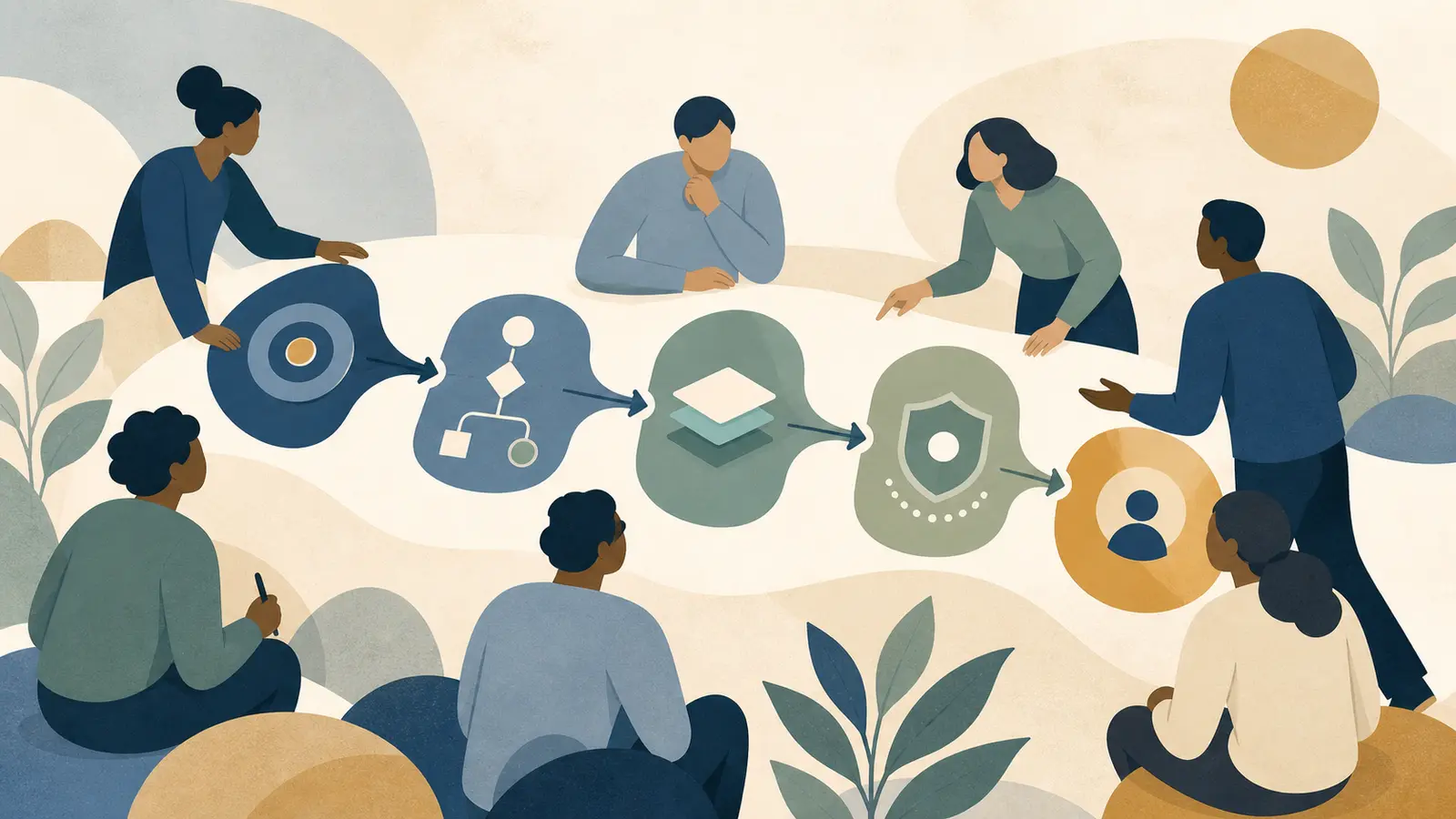 A cross-functional business team maps an AI agent workflow from business goal to evidence, boundaries, and responsible ownership