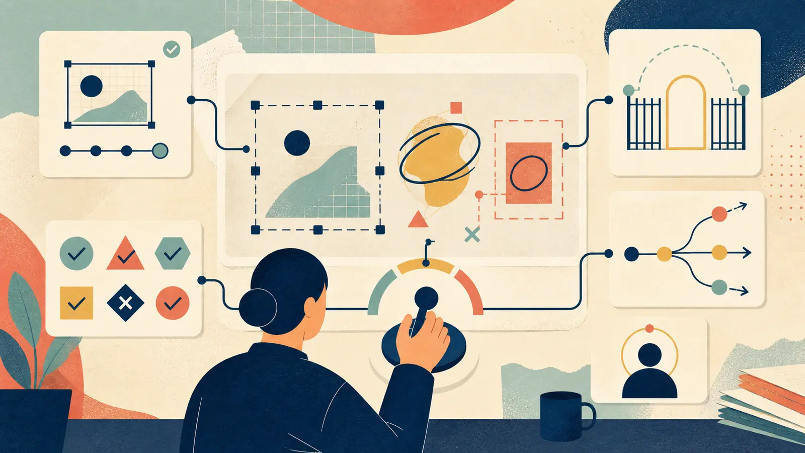 Illustration of a product team reviewing a capability-gate worksheet with an agent boundary, evidence cases, and a no-go decision