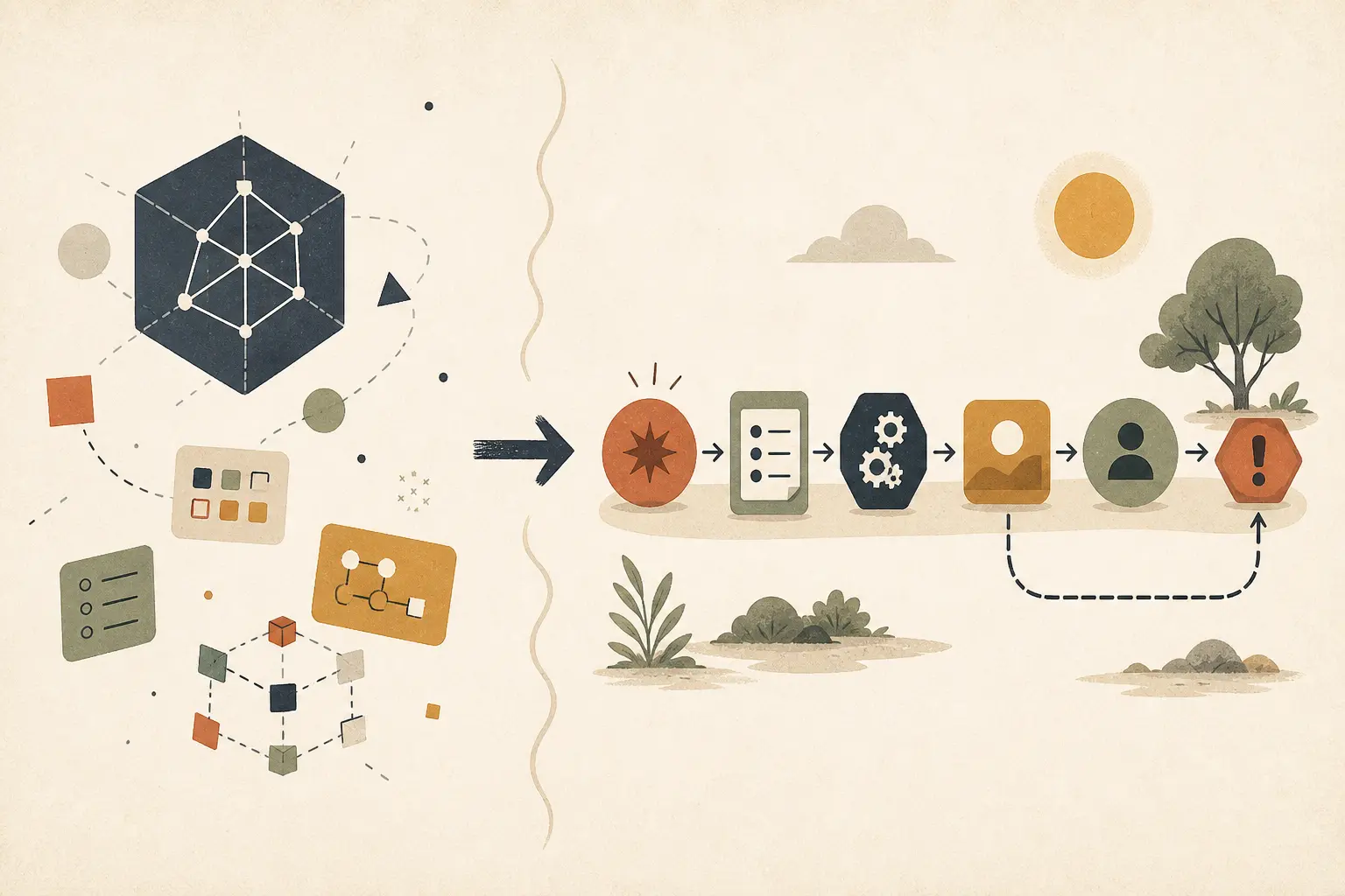 Illustration of a vague AI automation idea becoming a defined workflow with an owner, outcome, and exception path