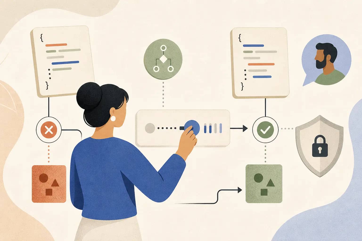 Illustration of an operator comparing AI tutoring with a lightweight implementation handoff