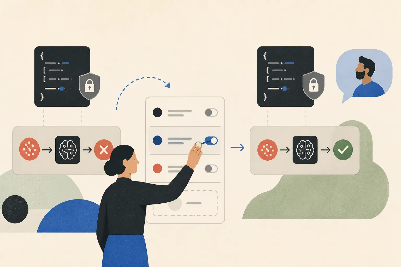 Illustration of an operator changing a review rule and rerunning a failing AI workflow case