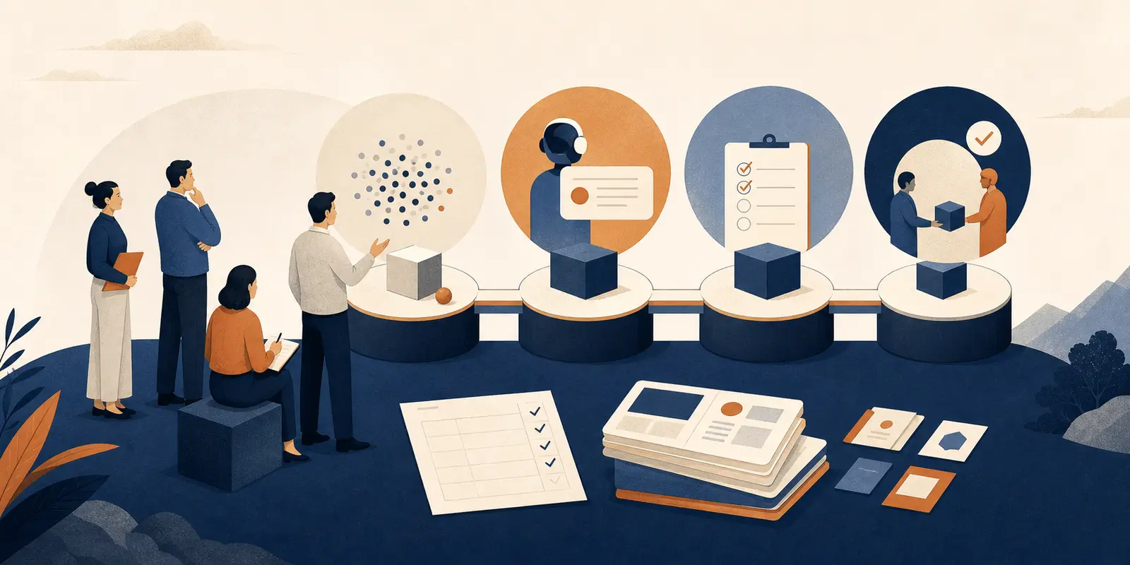 Illustration of an AI partner leaving a team with a scorecard, independent retest, and reusable workflow artifact