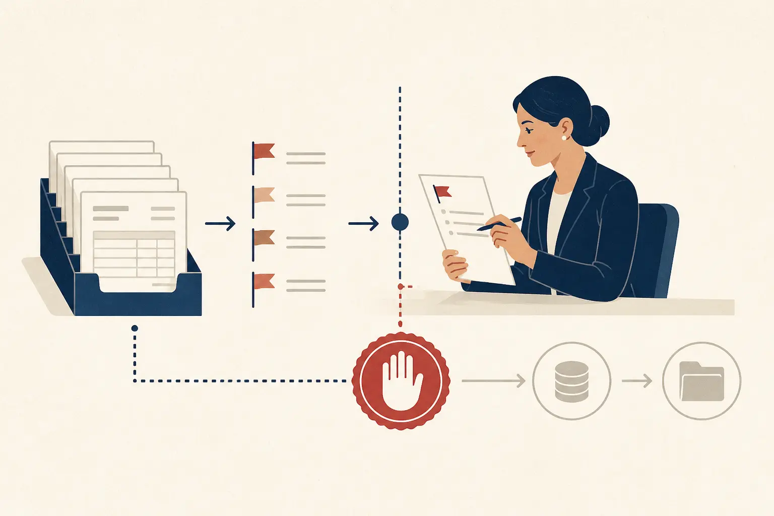 Illustration of a read-only legal invoice exception queue with a human approval boundary and a no-go deployment stamp