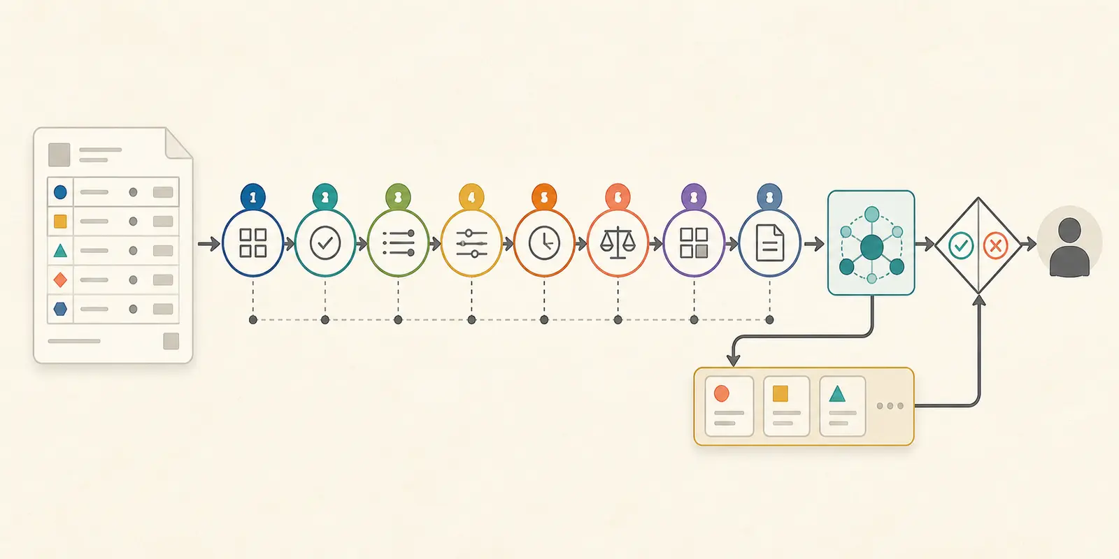 Illustration of a synthetic legal invoice fixture flowing through rules, model output, exception review, and a go or no-go decision
