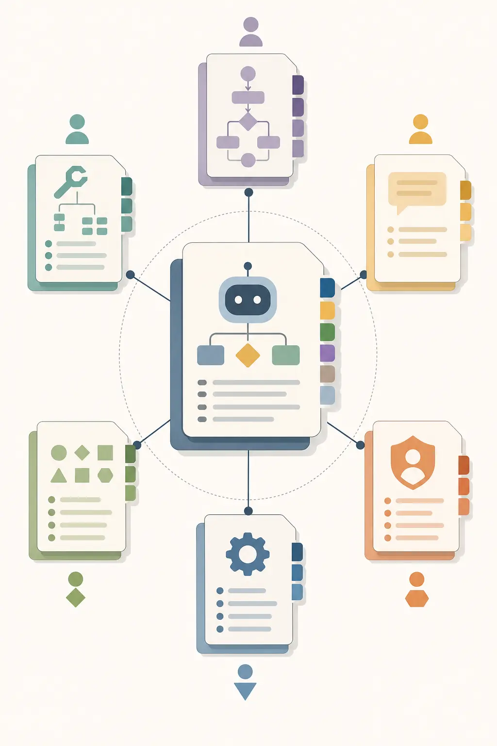 Illustration of an AI agent design document linking decisions to versioned tool, state, evaluation, access, and operations artifacts