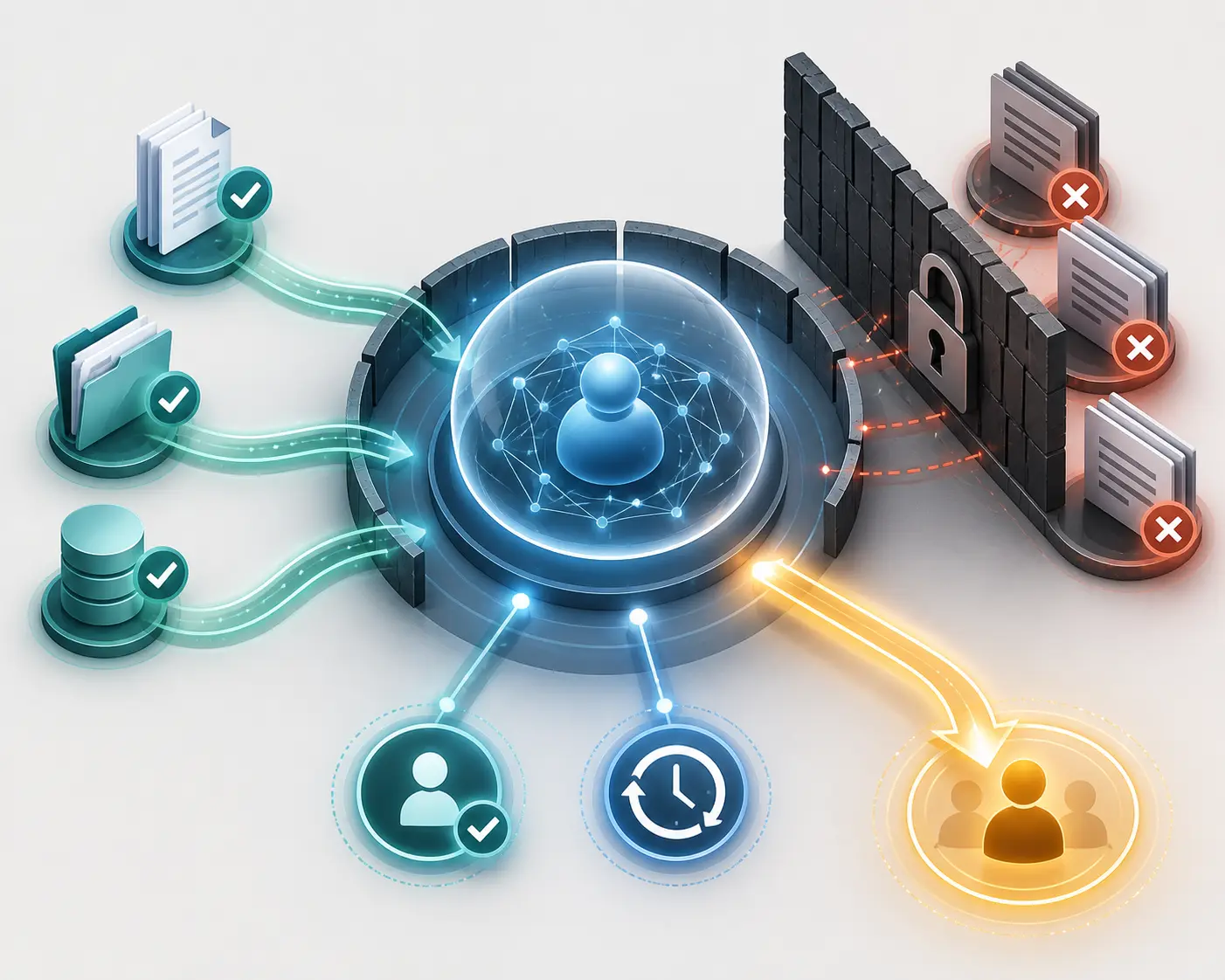 Illustration of an AI agent context boundary separating approved sources, restricted data, freshness checks, and missing-data escalation