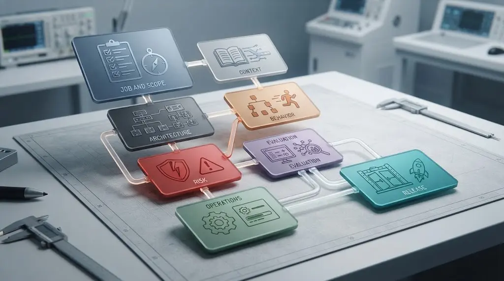 Illustration of an AI agent design document laid out as connected decisions, evidence, owners, and stop conditions