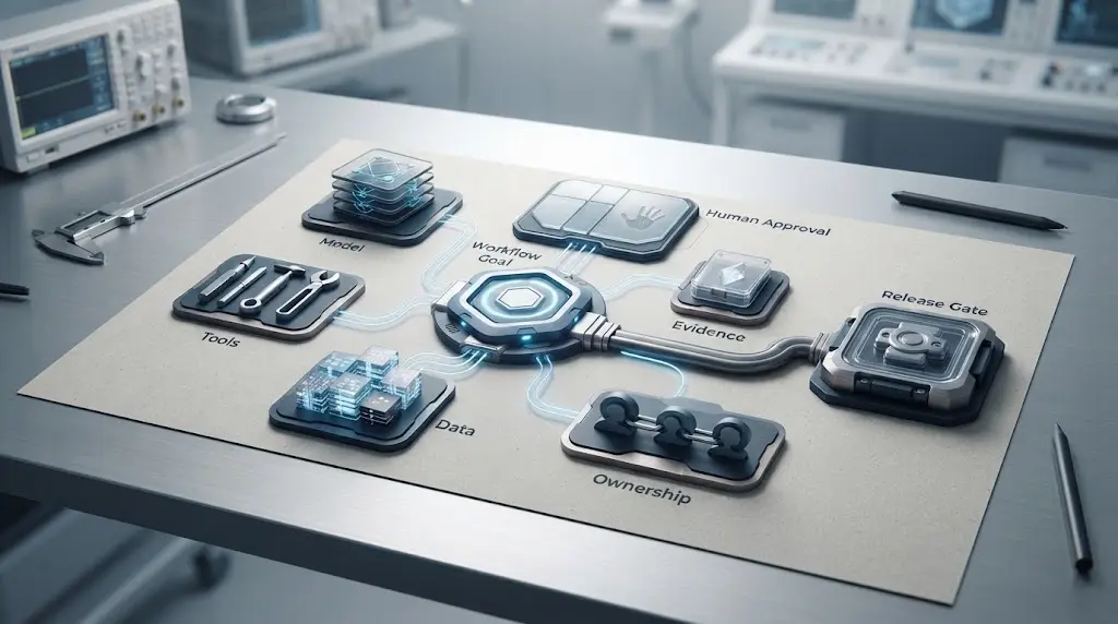Illustration of an AI agent design document connecting a business goal to tools, controls, evidence, and a release gate
