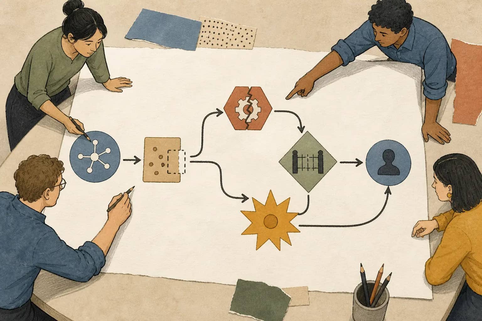Illustration of a team reviewing an AI agent design document by tracing normal, missing-context, failed-tool, and high-impact cases