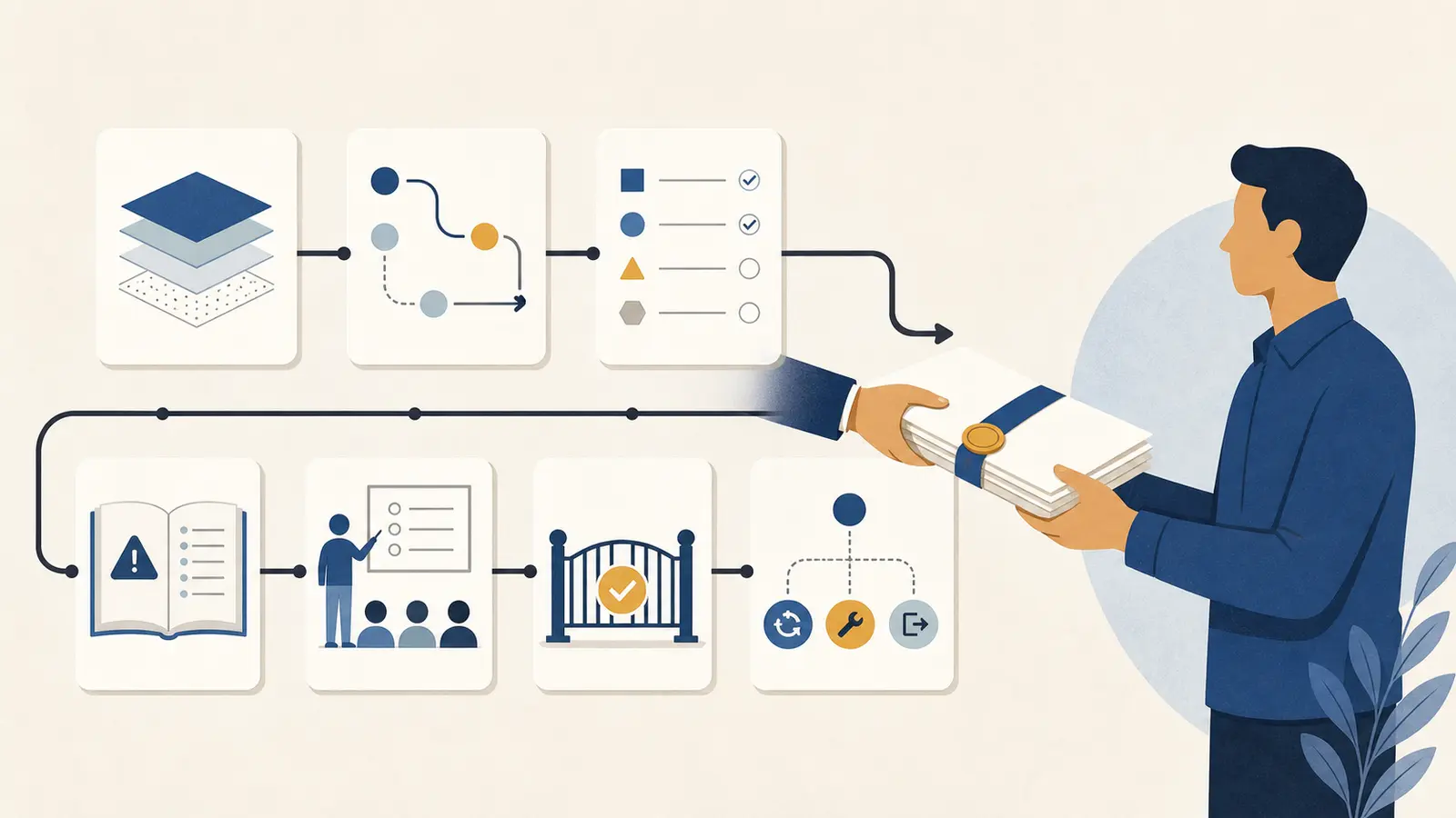 Illustration of an internal owner receiving an AI pilot handoff packet with evidence, controls, and a decision record