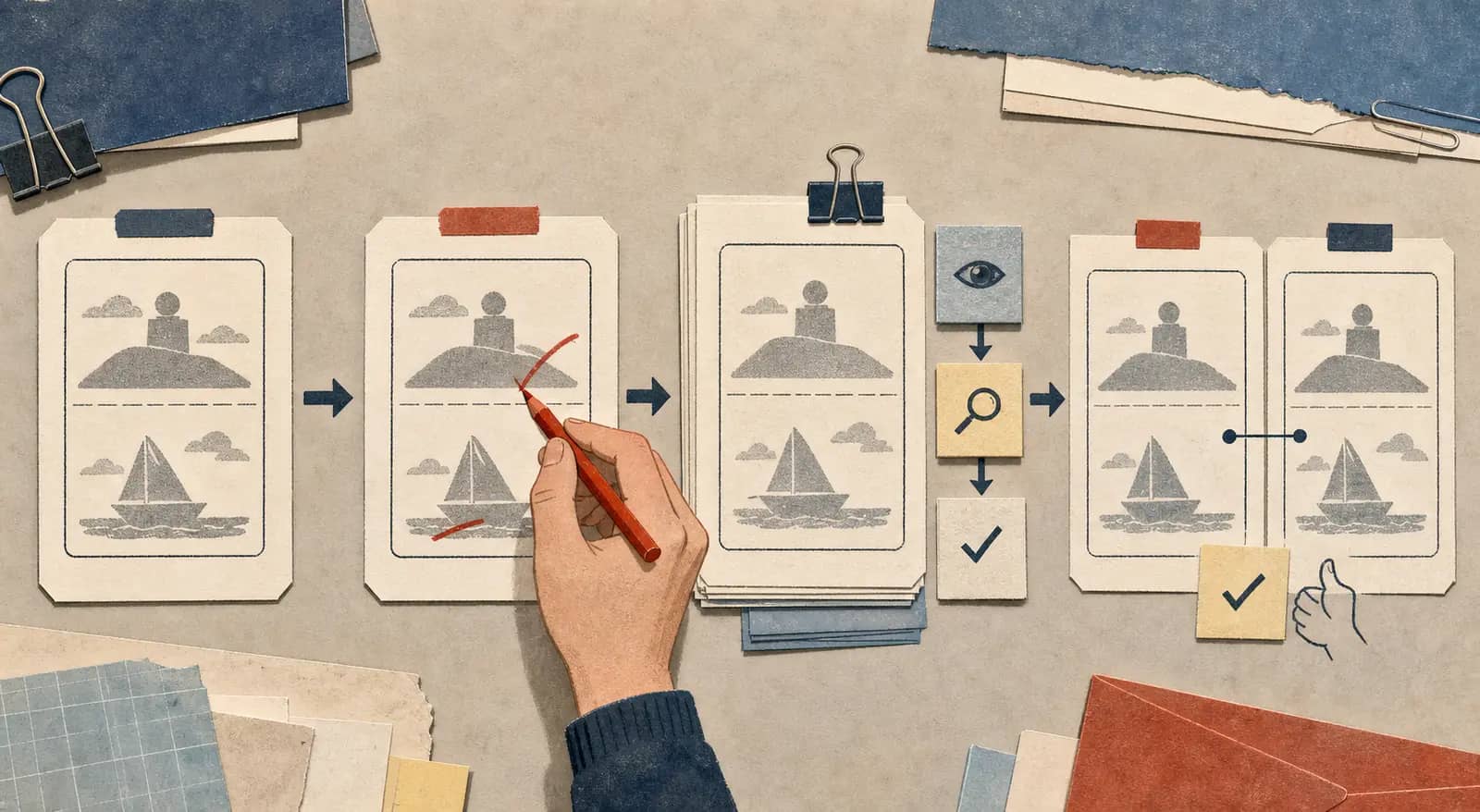 Illustration of an AI training transfer packet showing an ambiguity, participant correction, rerun, and neighboring-case check