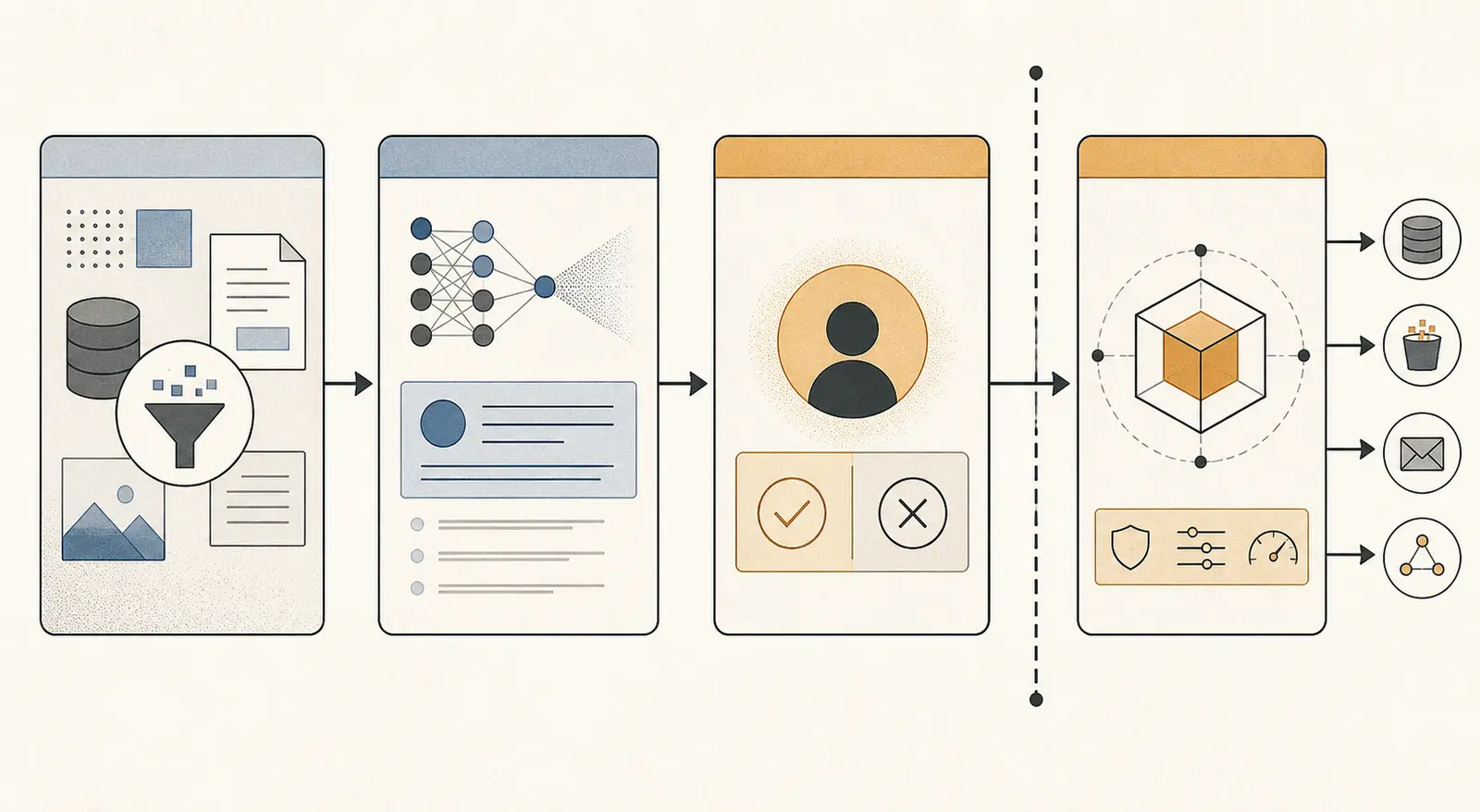 Illustration of an AI workflow branching into preparation, recommendation, approval, and bounded execution