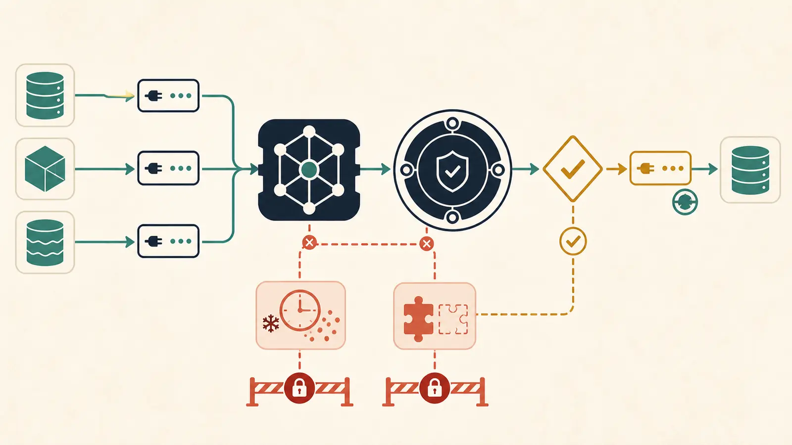 Illustration of a workflow runtime separating model proposals from authoritative business systems